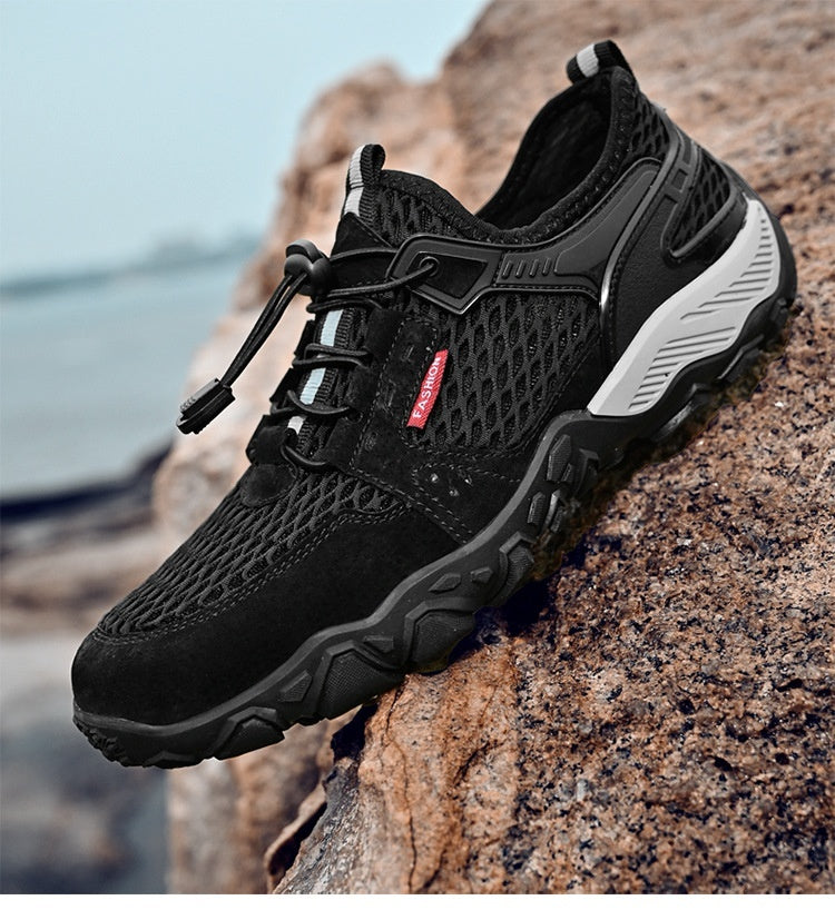 Men's Summer Leather Breathable Outdoor Sports Casual Shoes Non-slip Soft-soled Mesh Surface Hiking Shoes