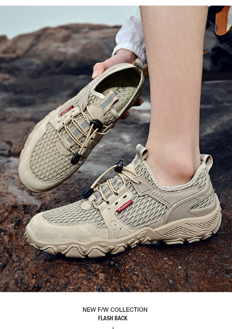 Men's Summer Leather Breathable Outdoor Sports Casual Shoes Non-slip Soft-soled Mesh Surface Hiking Shoes