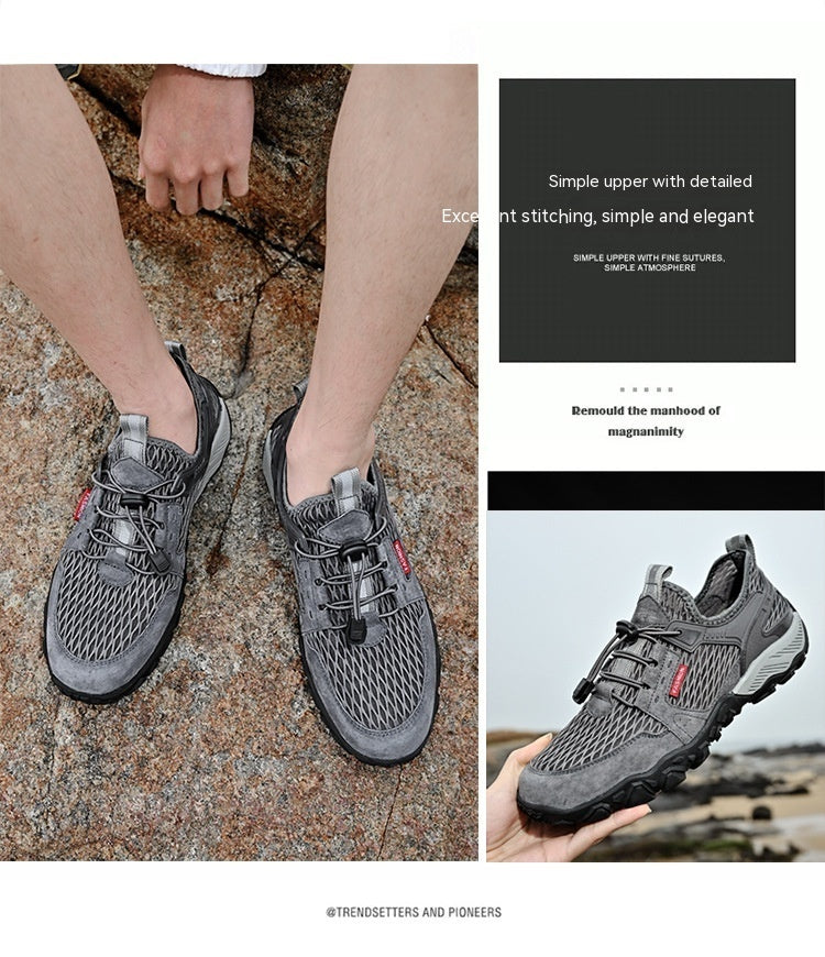 Men's Summer Leather Breathable Outdoor Sports Casual Shoes Non-slip Soft-soled Mesh Surface Hiking Shoes