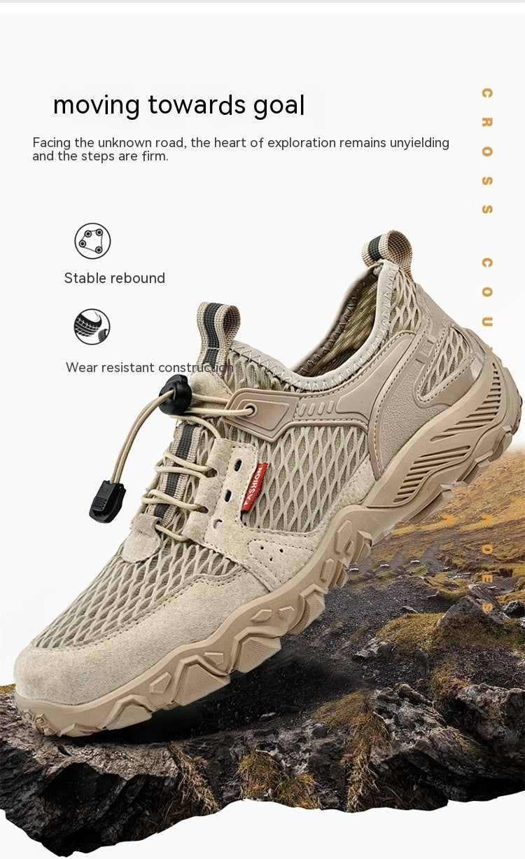 Men's Summer Leather Breathable Outdoor Sports Casual Shoes Non-slip Soft-soled Mesh Surface Hiking Shoes