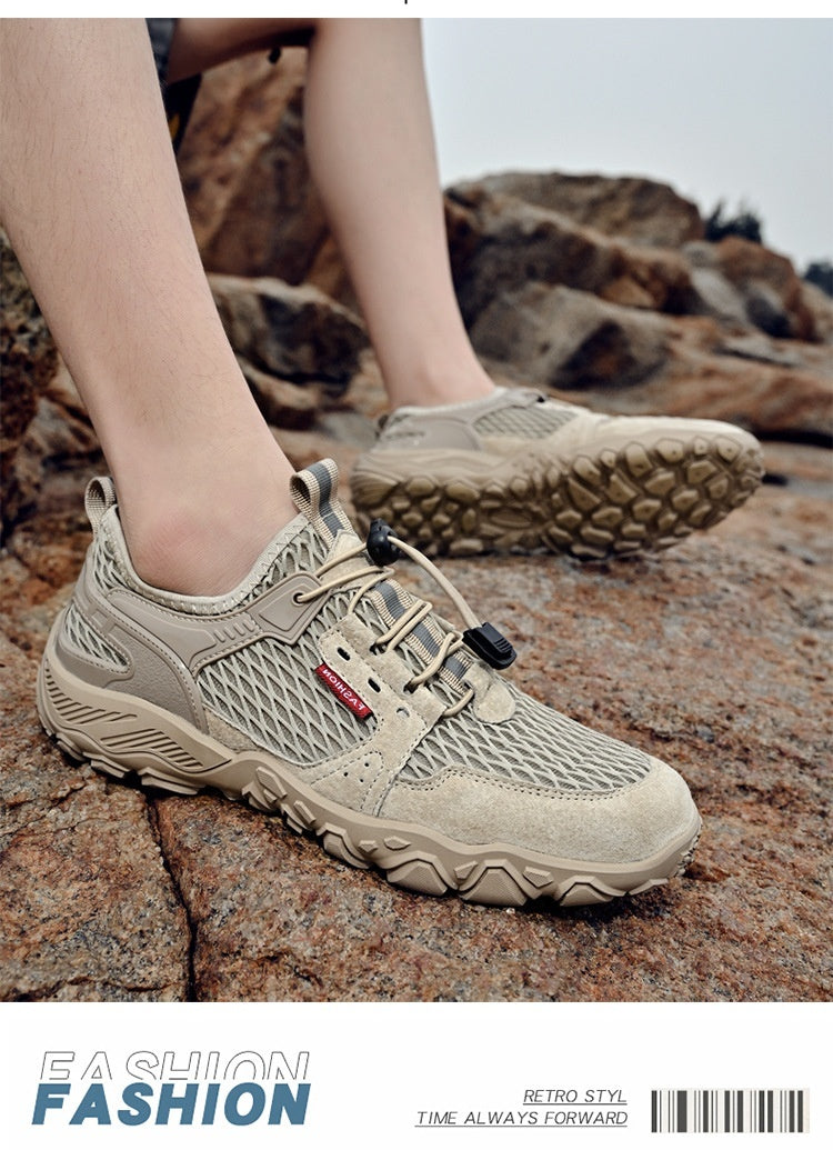 Men's Summer Leather Breathable Outdoor Sports Casual Shoes Non-slip Soft-soled Mesh Surface Hiking Shoes