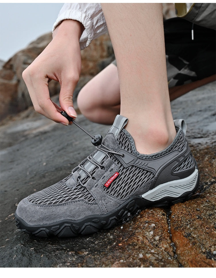 Men's Summer Leather Breathable Outdoor Sports Casual Shoes Non-slip Soft-soled Mesh Surface Hiking Shoes